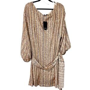 NWT Eloquii Womens Size‎ 22/24 Sequin Mini Dress Gold Brown Balloon Sleeve Bell